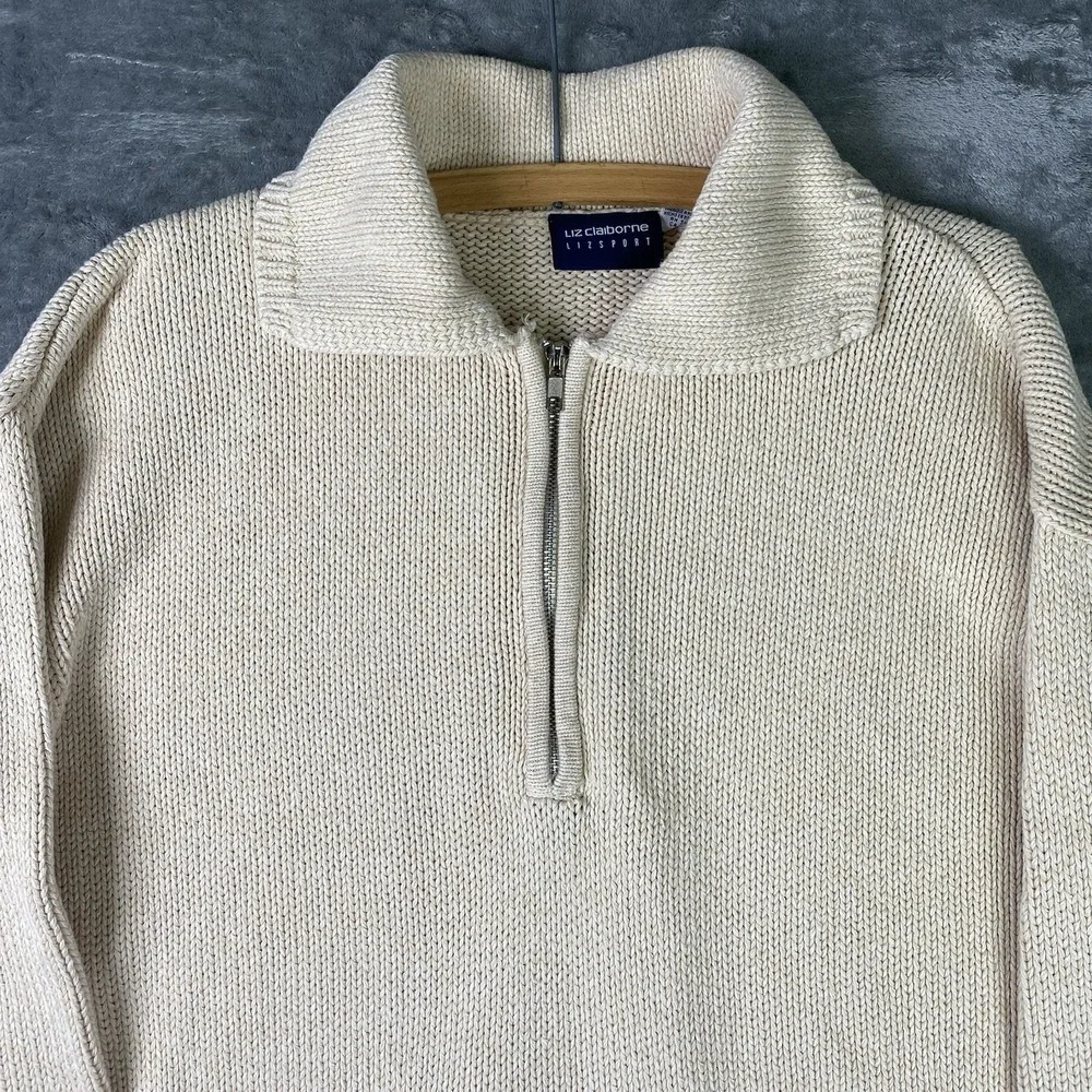 Vtg Liz Claiborne Sweater Womens S Cream Half Zip Collared Pockets Coastal 90s - Picture 4 of 12